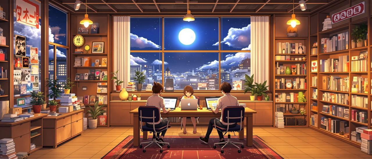 里番动漫推荐团队工作场景 - 月光下的动漫编辑部,充满番剧海报与温暖灯光